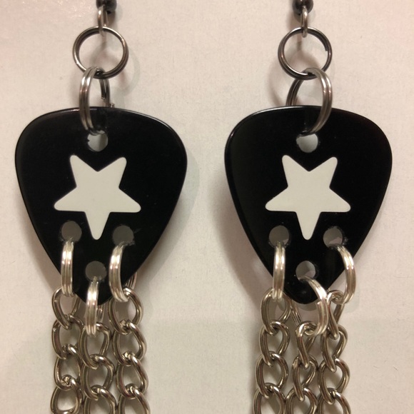Handmade Black and Silver guitar pick earrings glow in the dark star sticker - Picture 1 of 3